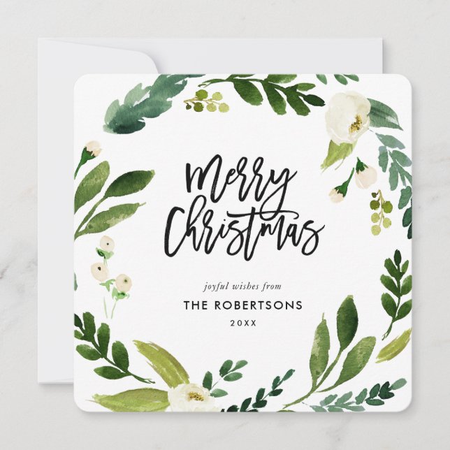 Sweet Greenery Floral Wreath Photo Holiday Card (Front)