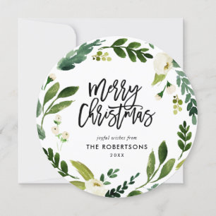 Sweet Greenery Floral Wreath Round Photo Holiday Card