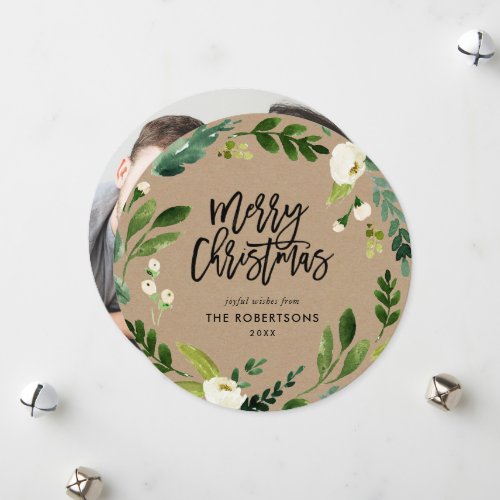 Sweet Greenery Floral Wreath Round Photo Holiday Card