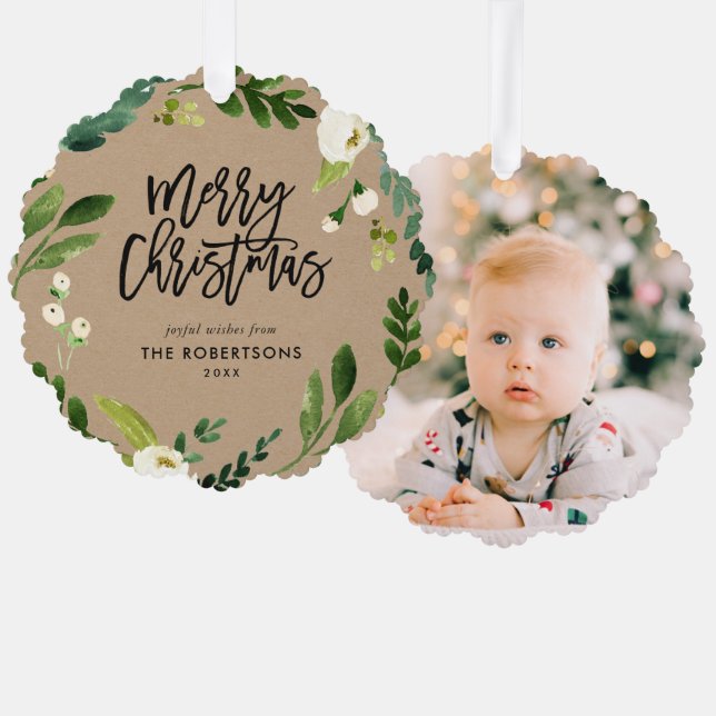 Sweet Greenery Floral Wreath Round Photo Ornament Card (Front/Back)