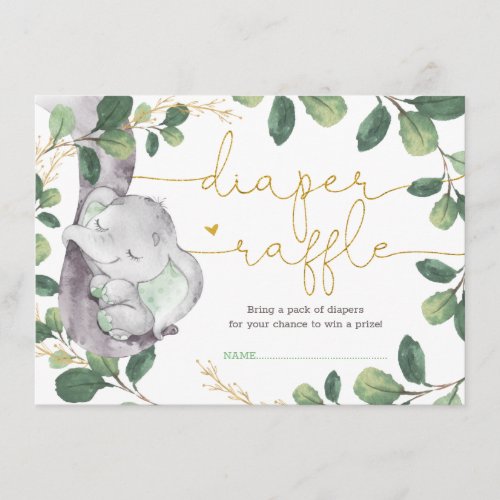 Sweet Greenery Gold Elephant Baby Diaper Raffle Enclosure Card