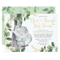 Sweet Greenery Gold Elephant Drive By Baby Shower Invitation