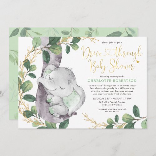 Sweet Greenery Gold Elephant Drive By Baby Shower Invitation