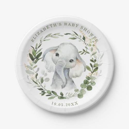 Sweet Greenery Gold Jungle Elephant Baby Shower Paper Plates