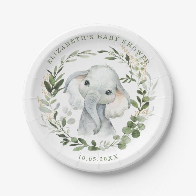 Sweet Greenery Gold Jungle Elephant Baby Shower Paper Plates (Front)