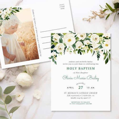 Sweet Greenery Photo Baptism Invitation Postcard