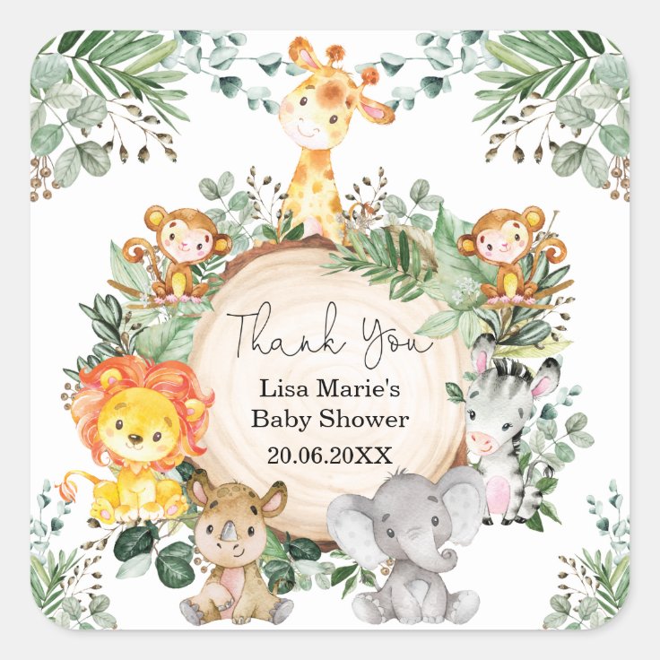 Sweet Greenery Safari Wild Baby Animals Favors Square Sticker | Zazzle