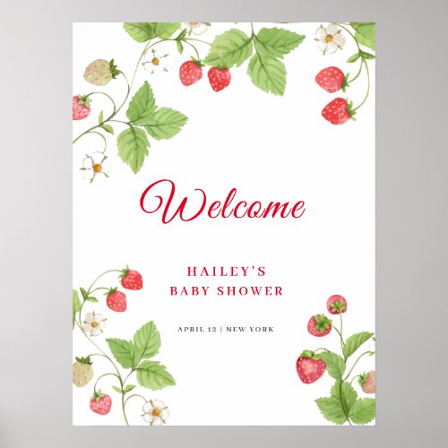Sweet Greenery Strawberry Baby Shower Welcome  Poster