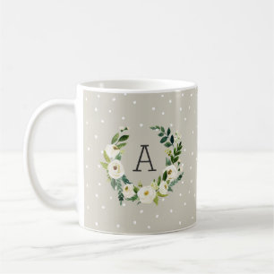 Sweet Greenery Wreath and Greige Dots Monogram Coffee Mug