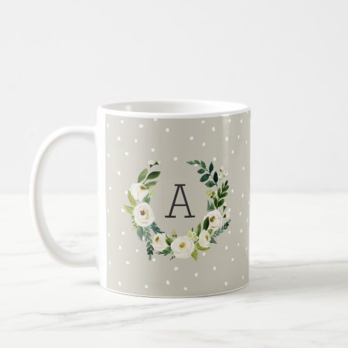Sweet Greenery Wreath and Greige Dots Monogram Coffee Mug