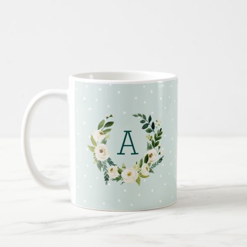Sweet Greenery Wreath and Mint Dots Monogram Coffee Mug