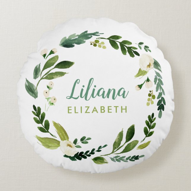 Sweet Greenery Wreath Baby Name Monogram Round Pillow (Front)