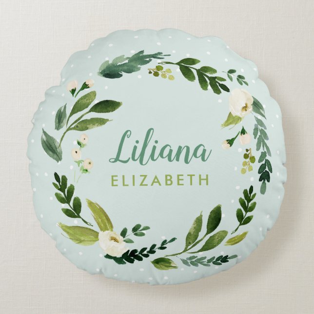 Sweet Greenery Wreath Baby Name Monogram Round Pillow (Front)