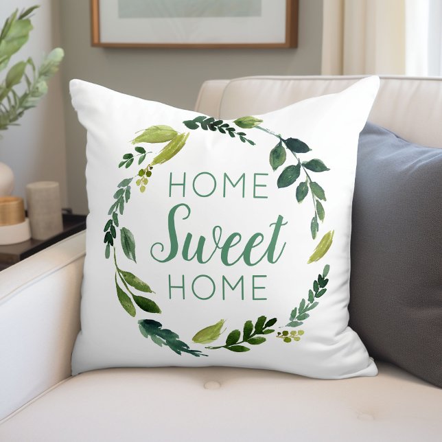 Sweet Greenery Wreath Home Sweet Home Throw Pillow (Creator Uploaded)