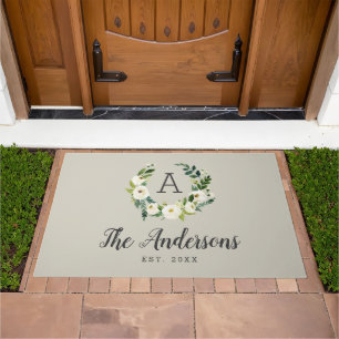 Sweet Greenery Wreath Monogram Doormat
