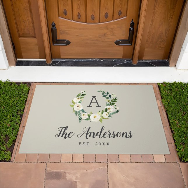 Sweet Greenery Wreath Monogram Doormat (Outdoor)