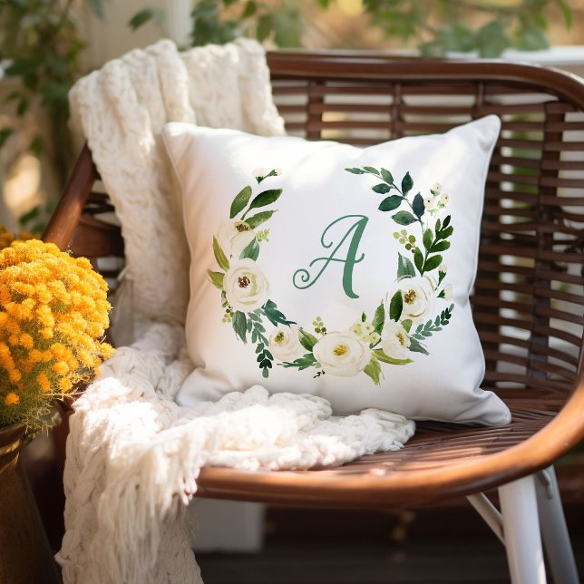 Sweet Greenery Wreath Monogram Outdoor Pillow (Creator Uploaded)