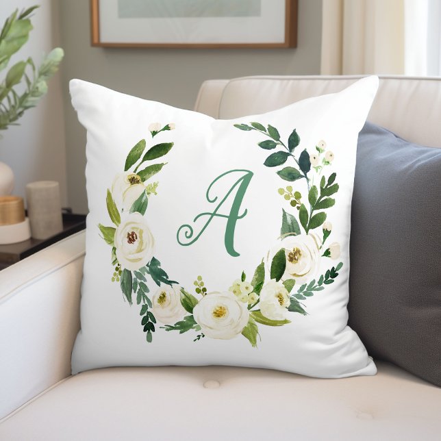 Sweet Greenery Wreath Monogram Throw Pillow (Creator Uploaded)