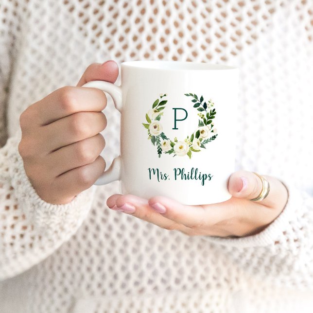Sweet Greenery Wreath Mrs. Monogram Coffee Mug (Creator Uploaded)
