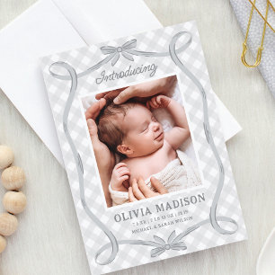 Sweet Grey Gingham Ribbon Bow Birth Announcement