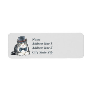 Sweet Grey Tiger Kitty With Top Hat And Bow Tie Label