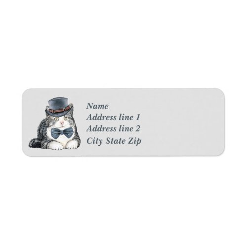 Sweet Grey Tiger Kitty With Top Hat And Bow Tie Label