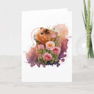 Sweet Guinea Pig in Pink Flowers Valentine's Day Holiday Card