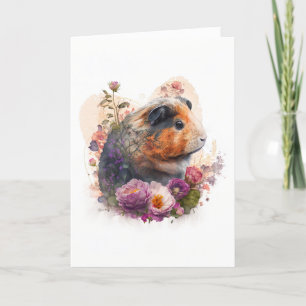 Sweet Guinea Pig in Purple Flowers Valentine's Day Holiday Card