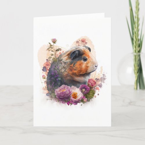 Sweet Guinea Pig in Purple Flowers Valentines Day Holiday Card