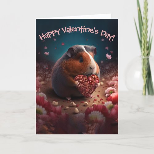 Sweet Guinea Pig with Flower Heart Valentines Day Holiday Card