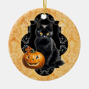 Sweet Halloween Black Cat and Pumpkin Ceramic Ornament