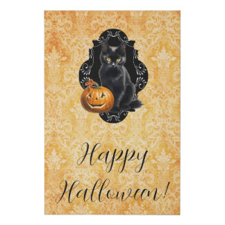 Sweet Halloween Black Cat and Pumpkin Faux Canvas Print