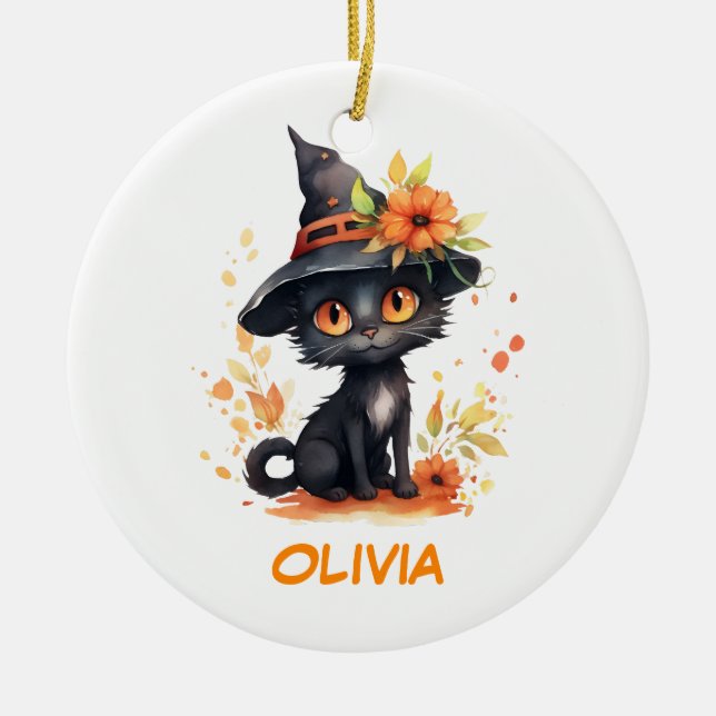Sweet Halloween Cat Custom Name Ceramic Ornament (Front)