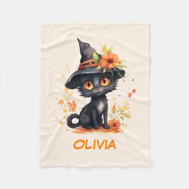Sweet Halloween Cat Custom Name Fleece Blanket (Front)