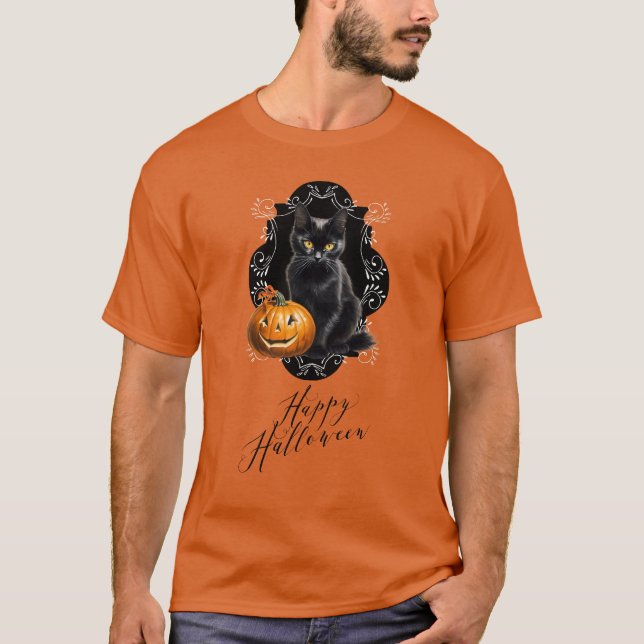 Sweet Halloween Kitten and Jack o'Lantern T-Shirt (Front)