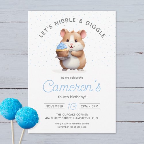 Sweet Hamster Blue Cupcake Childrens Birthday  Invitation