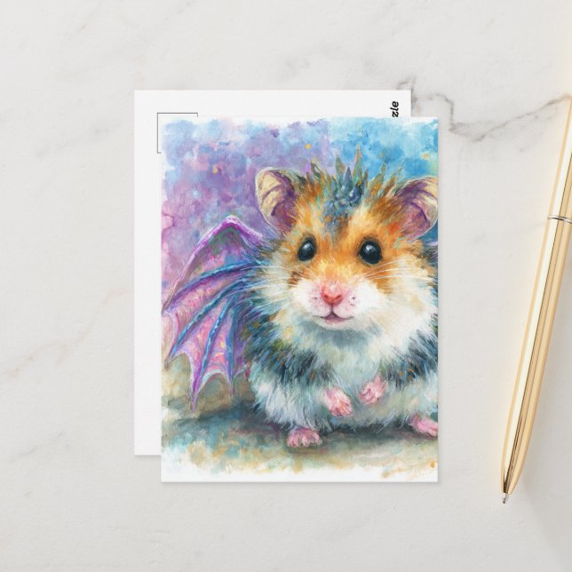 Sweet Hamster Dragon Watercolor Postcard (Front/Back In Situ)