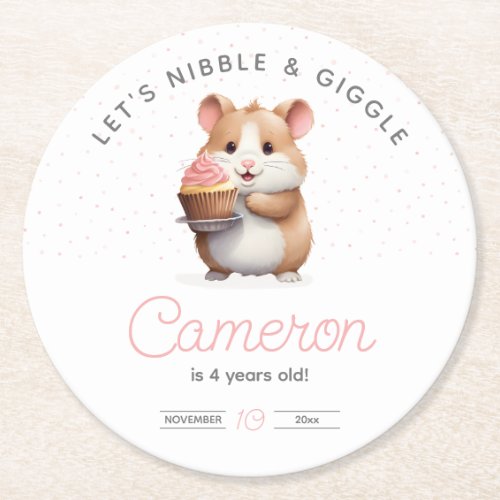 Sweet Hamster Pink Cupcake Childrens Birthday  Round Paper Coaster
