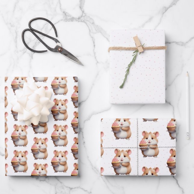 Sweet Hamster, Pink Cupcake Children's Birthday  Wrapping Paper Sheets (Front)