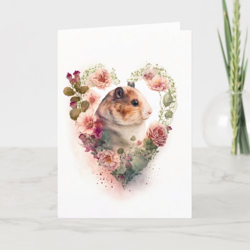 Sweet Hamster with Pink Flowers Valentines Day Holiday Card