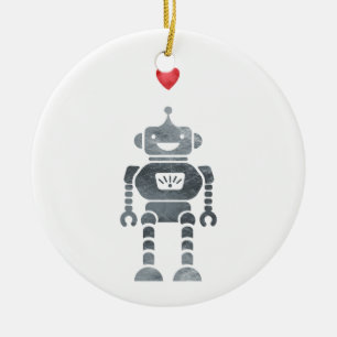 Sweet, Happy Robot with Little Red Heart Ceramic Ornament