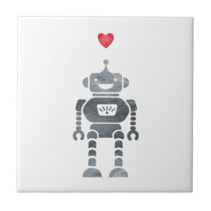 Sweet, Happy Robot with Little Red Heart Tile
