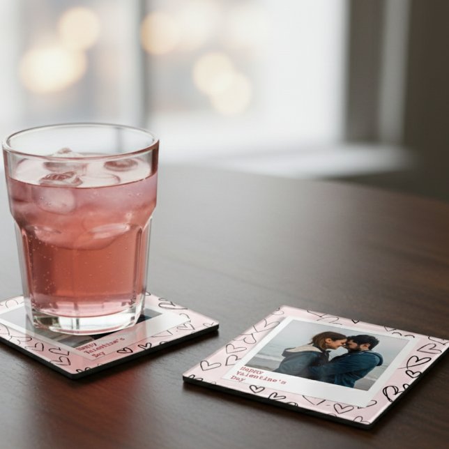 Sweet Happy Valentine Day Pink Black Heart Couple  Glass Coaster (Creator Uploaded)