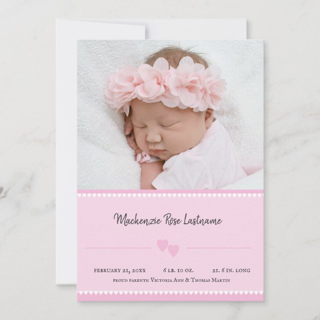 Sweet Heart Baby Girl Photo Announcement Pink (Front)