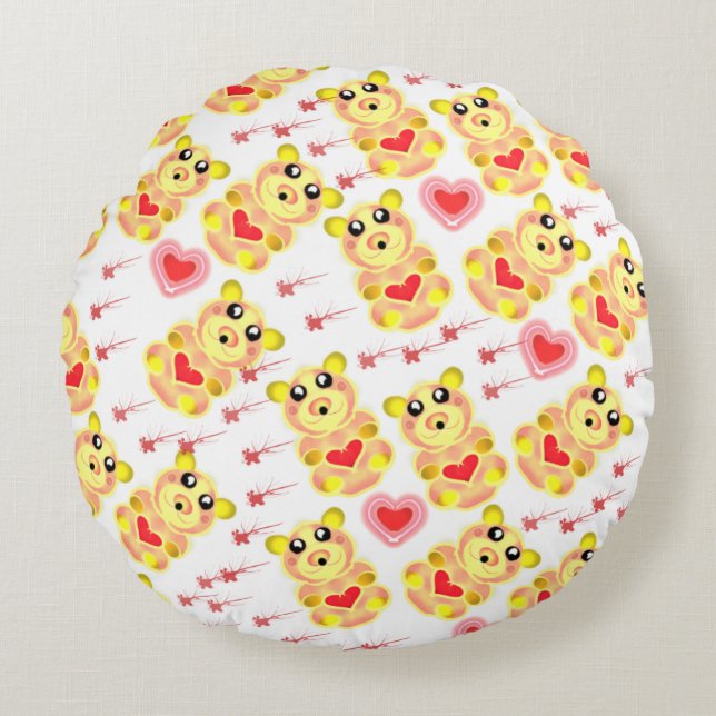Sweet Heart Bear Nursery Pattern Round Pillow (Front)