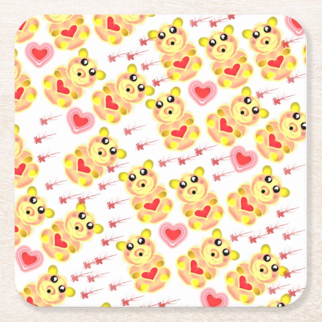 Sweet Heart Bear Nursery Pattern Square Paper Coaster (Front)