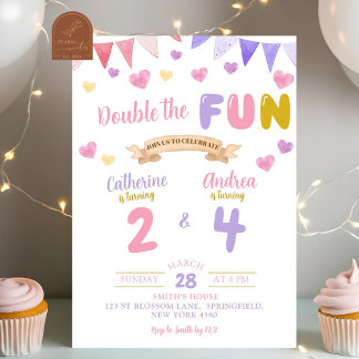 Sweet Heart Double The Fun Girl Joint Birthday Invitation