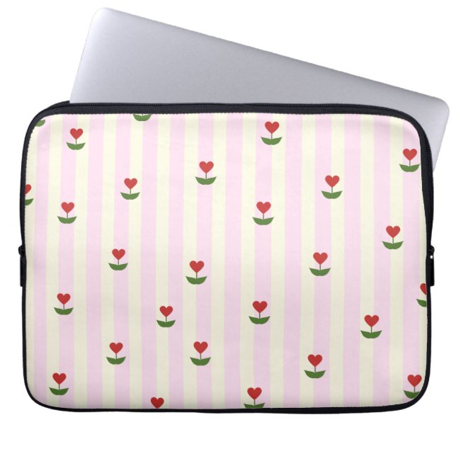 Sweet Heart Flower Pattern – Soft Pink Striped  Laptop Sleeve (Front)