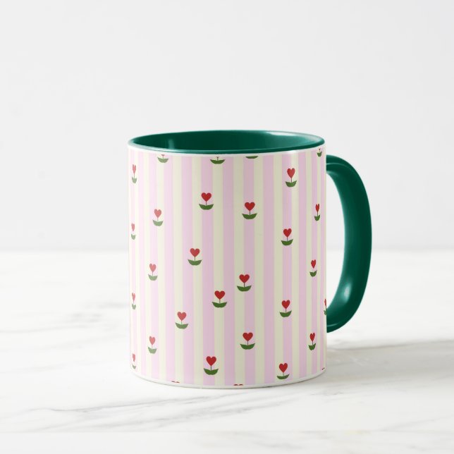 Sweet Heart Flower Pattern – Soft Pink Striped  Mug (Front Right)