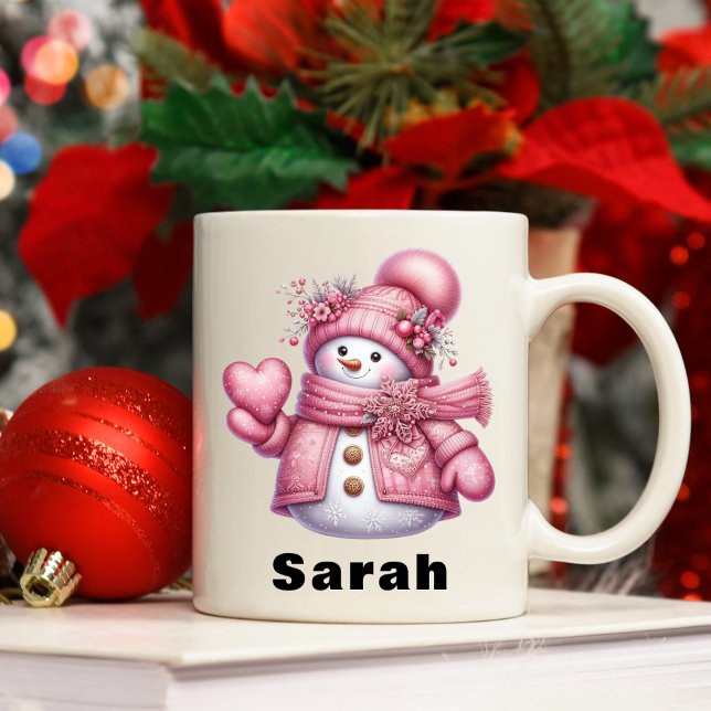 Sweet Heart Holding Pink Snowman Christmas Coffee Mug (Sweet Heart Holding Pink Snowman Christmas Coffee Mug)